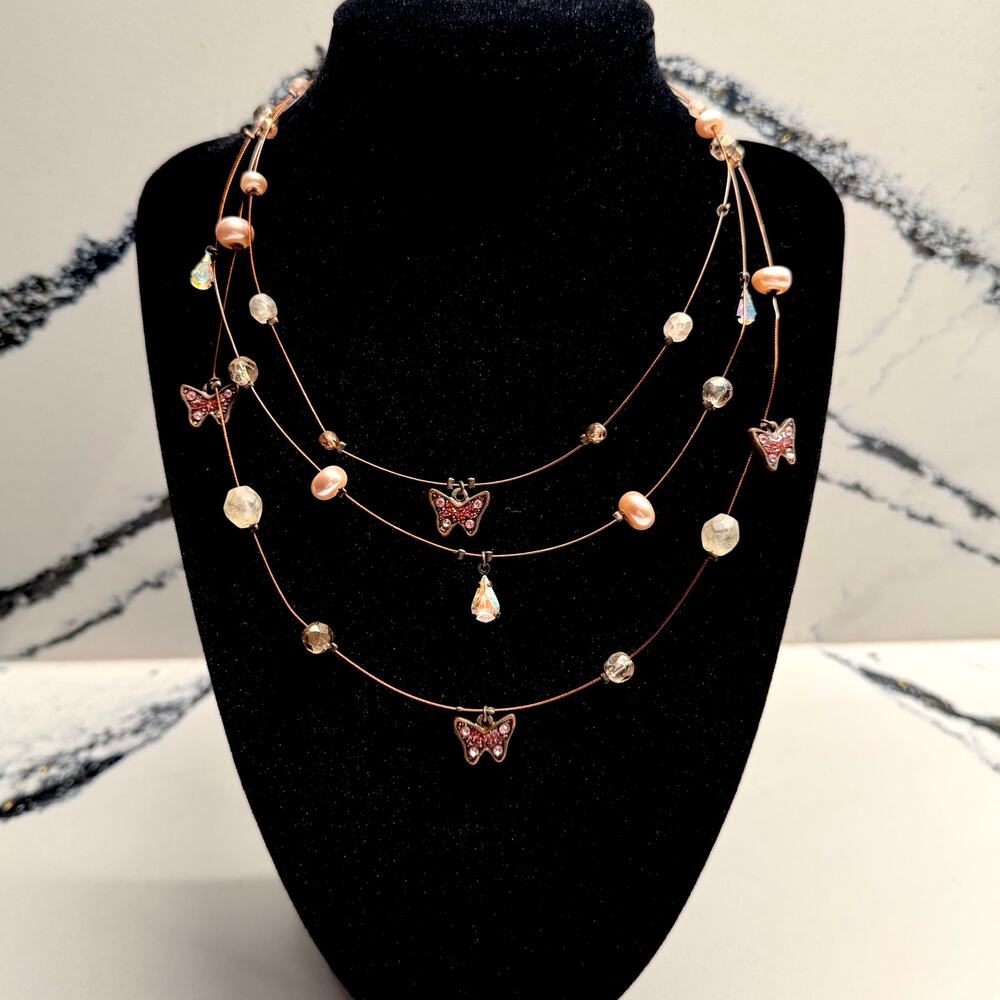 Avon Pink Butterfly Faux Pearl 3 Strand Necklace